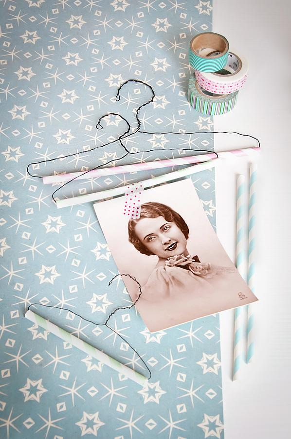 Hand-made Wire Coathangers, Drinking Straws And Vintage Postcards Photograph by Cornelia Weber