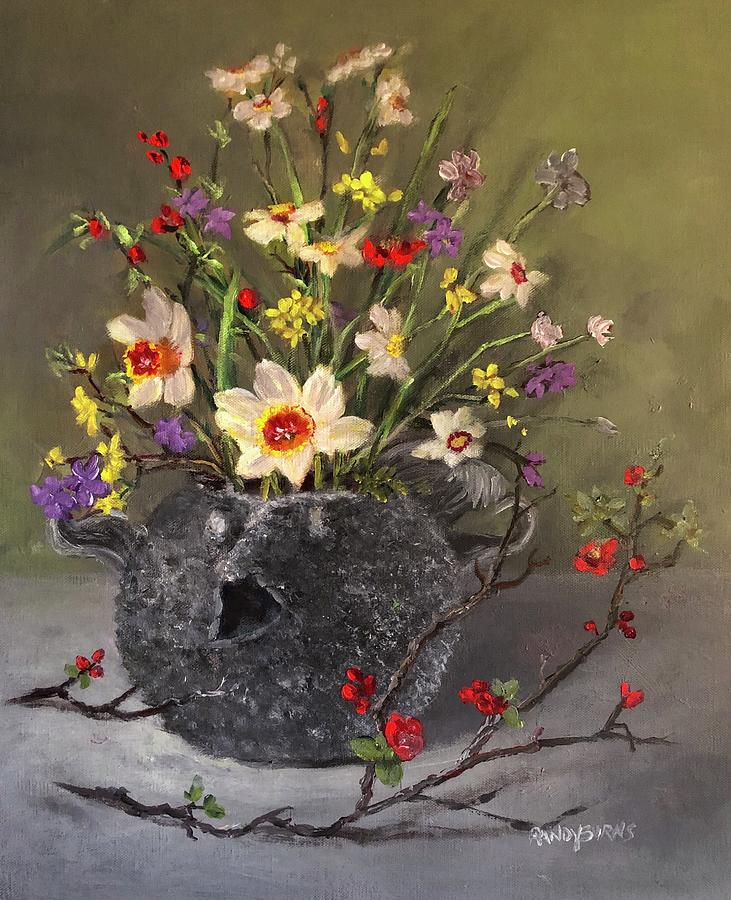 Handbuilt Pufferfish Teapot With Spring Flowers Painting by Rand Burns