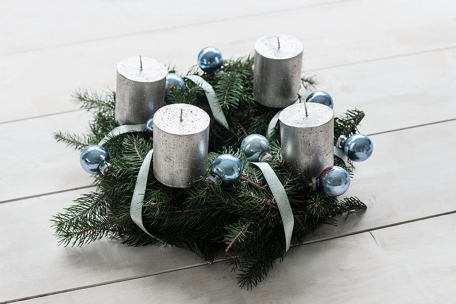 Handmade Advent Wreath With Silver Candles And Blue Christmas-tree Baubles Photograph by Jelena Filipinski