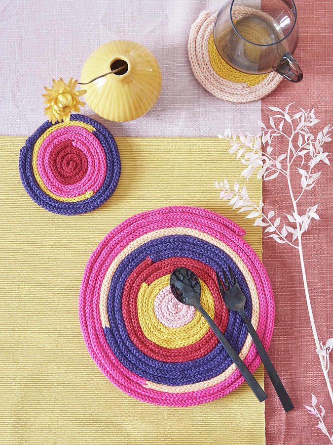 Handmade Coasters And Mat Made From Knitted Tubes Made Using Knitting Dolly Photograph by Hsfoto
