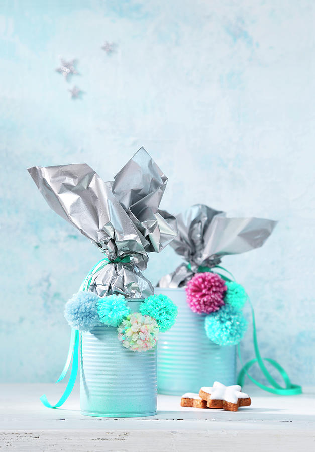 Handmade, Festive Gift Containers Made From Tin Cans Decorate With Pompoms Photograph by Thordis Rggeberg
