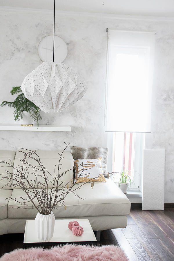 Handmade Lamp Made From Folded Wallpaper In Bright Interior Photograph by Astrid Algermissen
