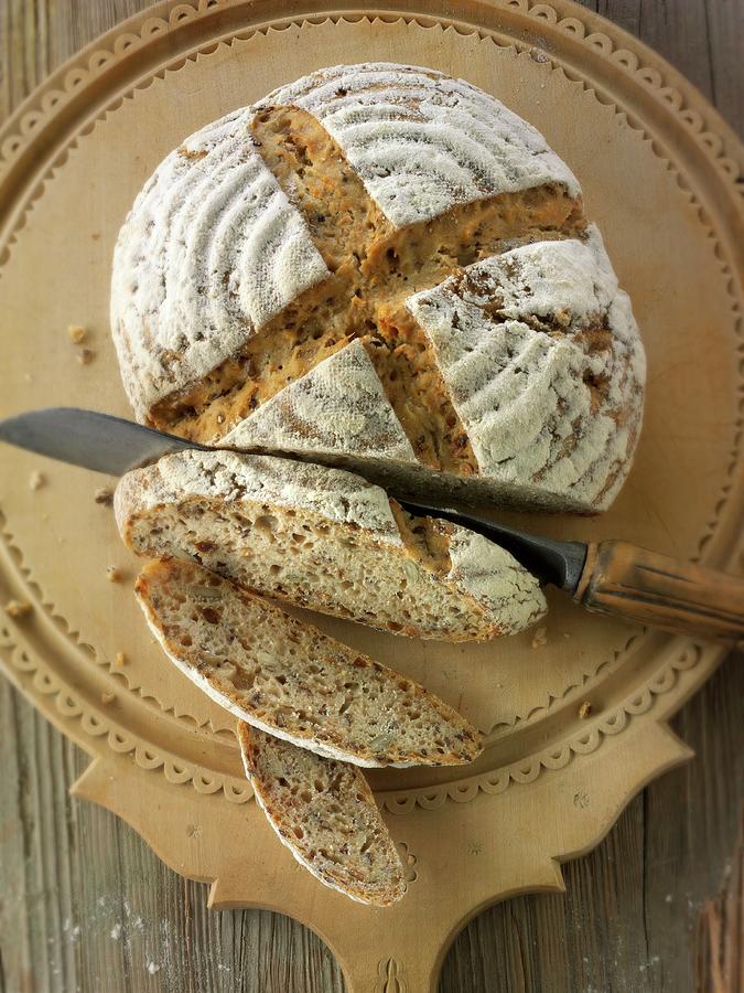 Handmade Sour Dough Wholemeal Bread Made With Rye Flour, Sliced Photograph by Paul Williams