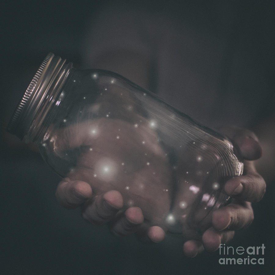 Hands Holding Jar With Fireflies by Jeffrey Paul Mateus