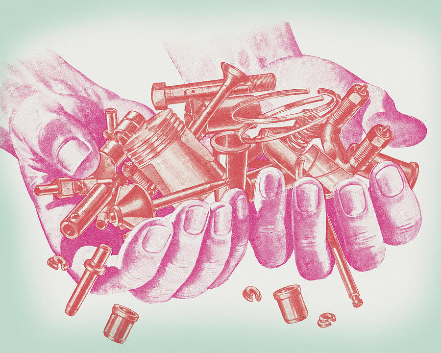 Vintage Drawing - Hands Holding Metal Bolts and Screws by CSA Images