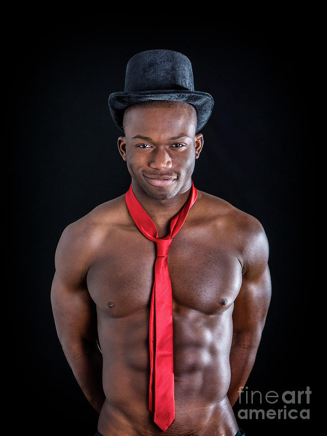 Handsome Black Young Muscle Man Naked Wearing Only Pants And Necktie