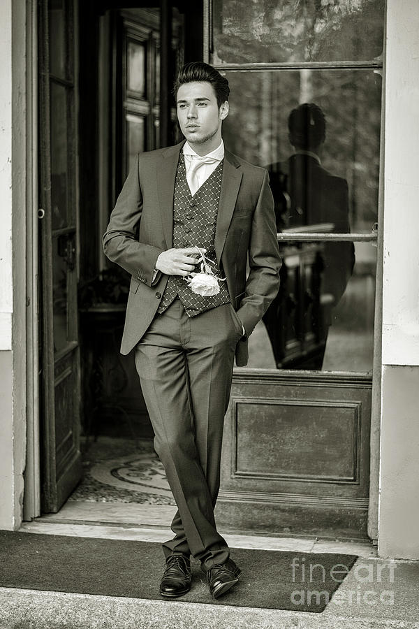 Handsome Bridegroom In Grey Suit Photograph
