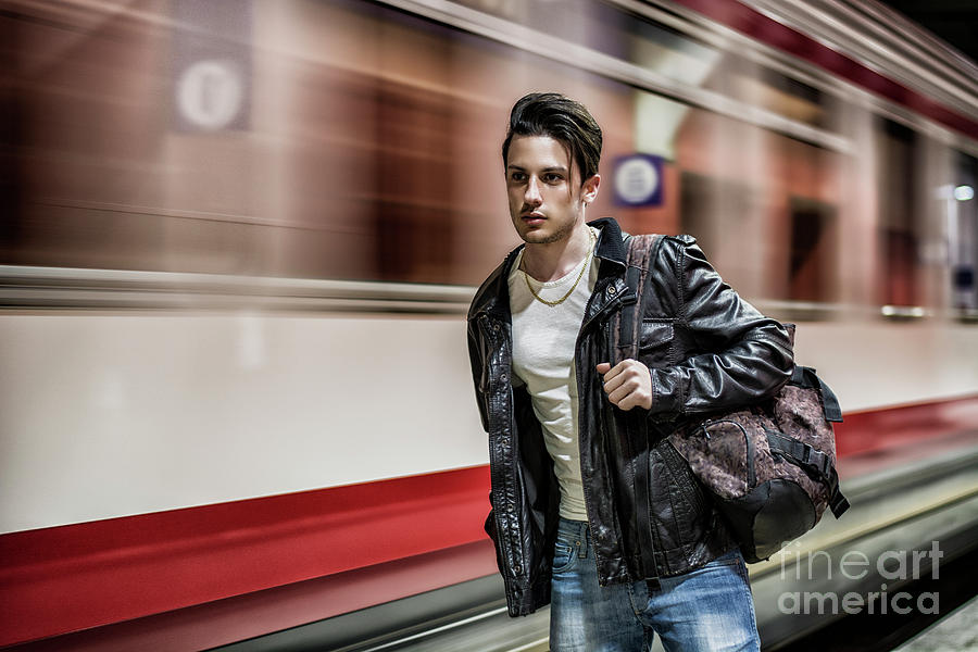 Handsome Young Male Traveler In Train Station Photograph