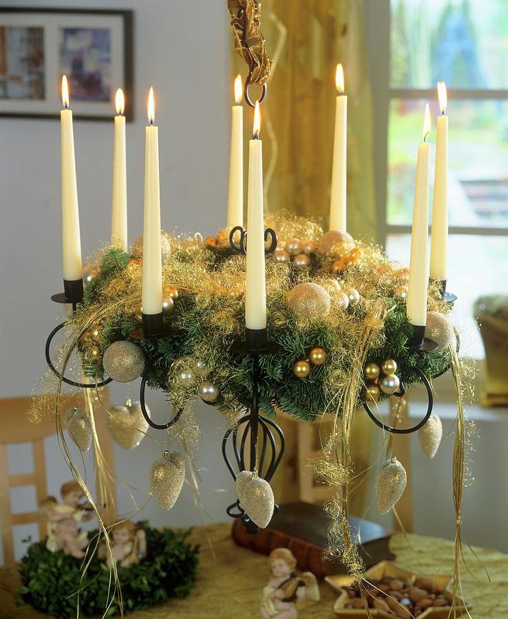 Hanging Advent Wreath With Gold Baubles And Angels Hair Photograph by Friedrich Strauss