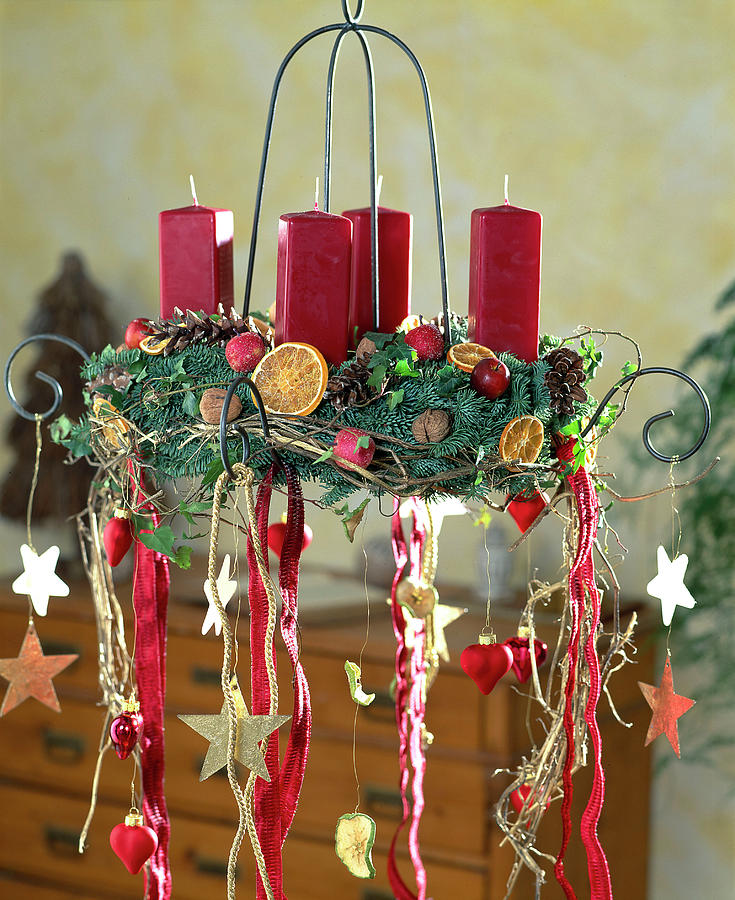 Hanging Advent Wreath With Red Candles And Ribbons Photograph by Friedrich Strauss