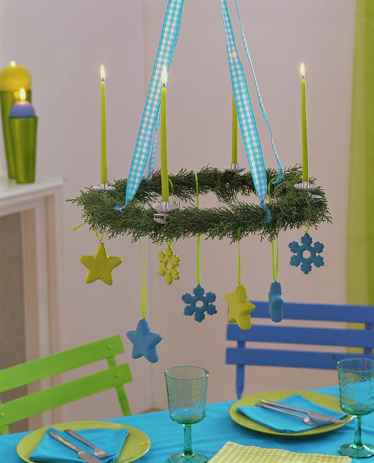 Hanging Cypress Advent Wreath With Candles And Stars Photograph by Friedrich Strauss