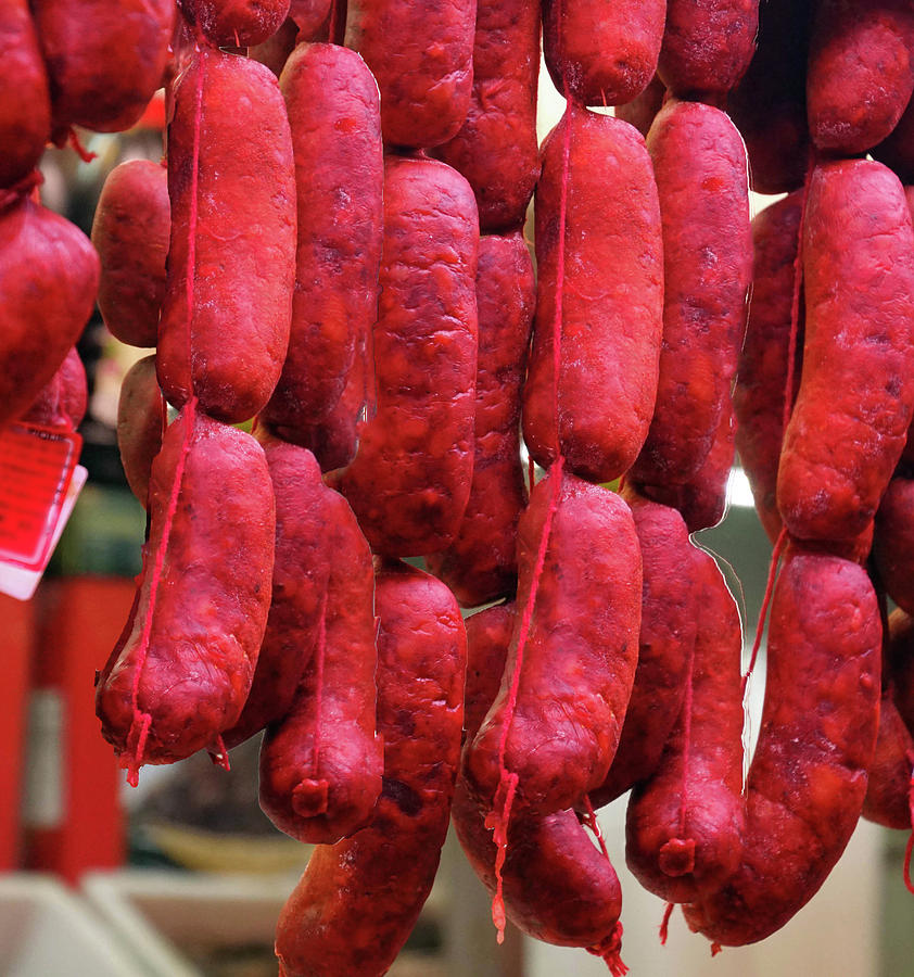 Hanging Spanish sausages Photograph by Steve Estvanik