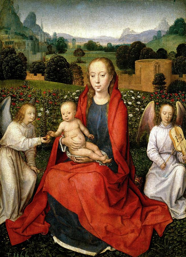 Hans Memling / The Virgin and Child between two Angels, 1480-1490, Flemish School. CHILD JESUS. Painting by Hans Memling -c 1433-1494-