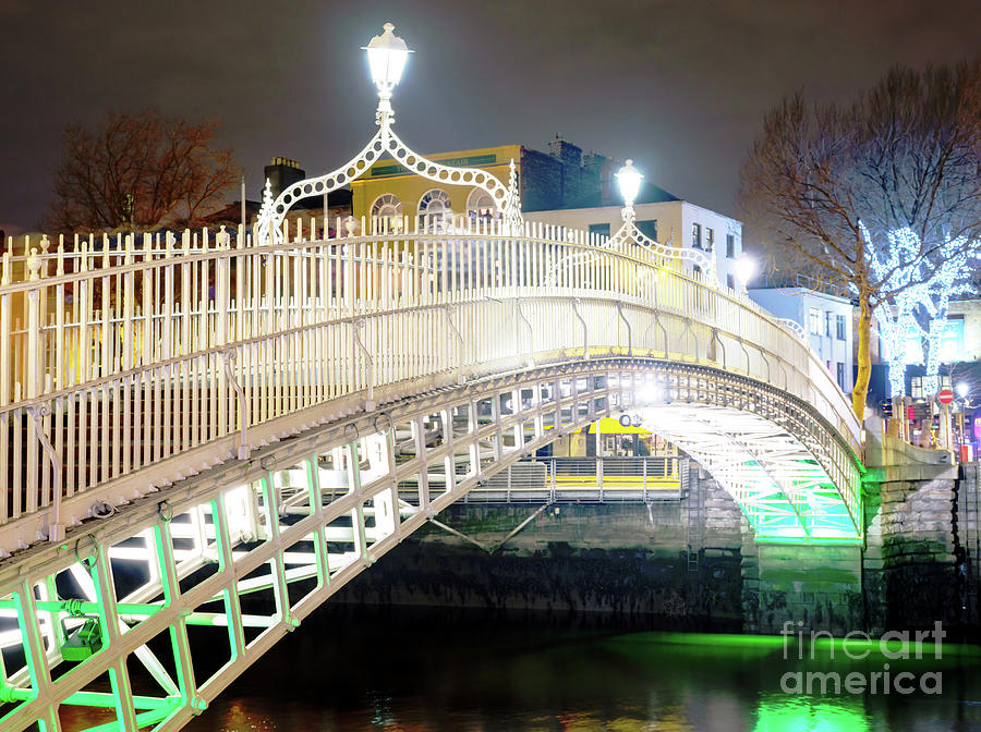 City Photograph - HaPenny Bridge Night Lights in Dublin by John Rizzuto