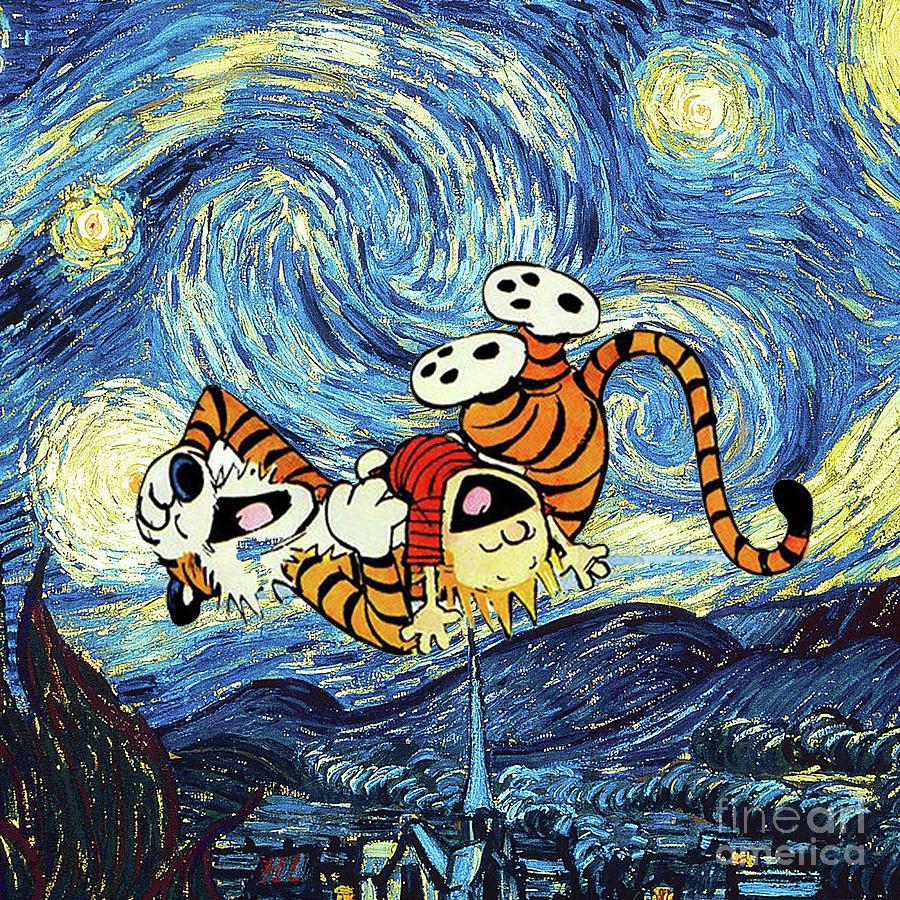 Hapiness Calvin And Hobbes Starry Night Van Gogh Digital Art by Cnh ...