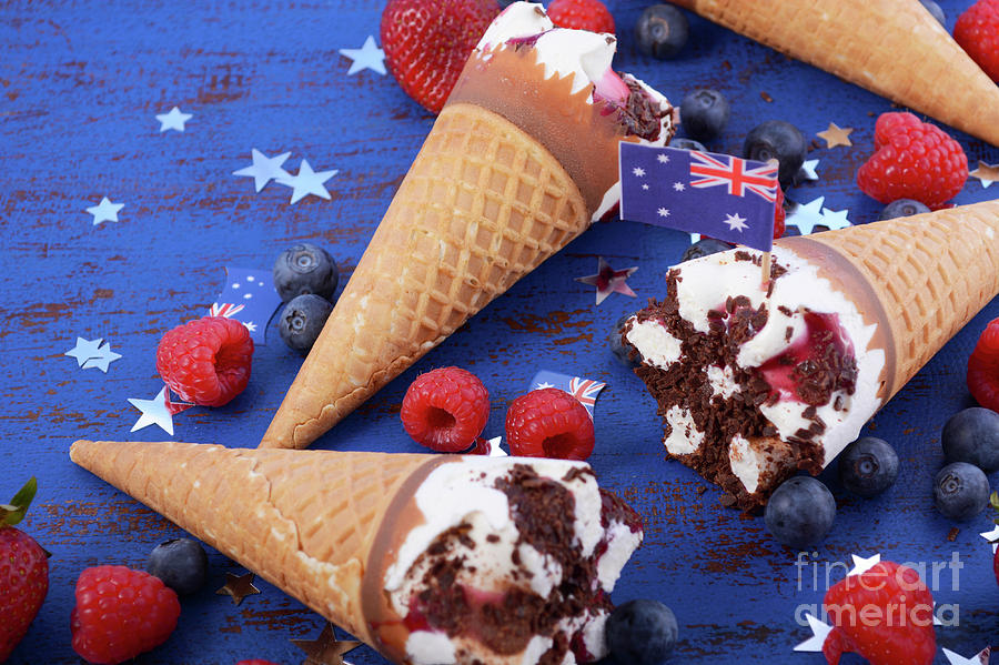 Happy Australia Day party ice cream cones. Photograph by Milleflore Images