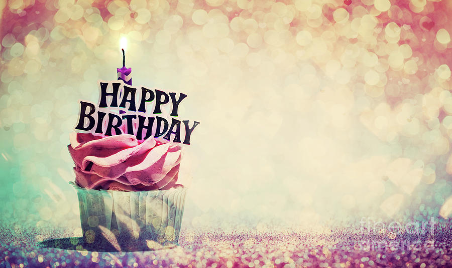 Happy birthday cupcake on glitter colorful background Photograph by Michal Bednarek
