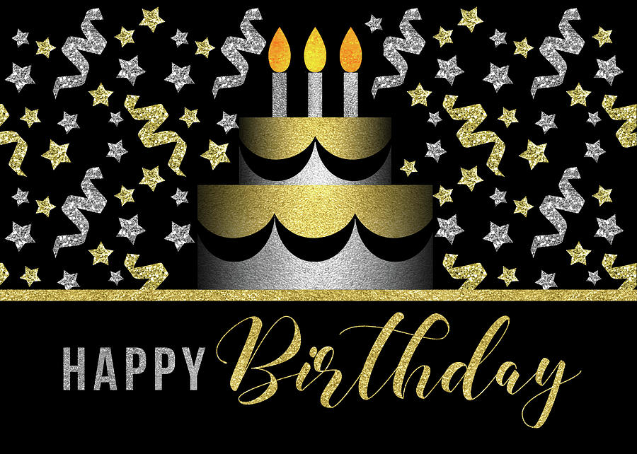 Happy Birthday Gold and Silver Faux Glitter on Black with Cake Digital Art by Doreen Erhardt