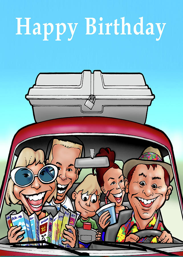 Happy Birthday Greeting Card Family Driving In Car Cartoon