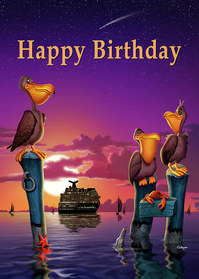 Happy Birthday Greeting Card - Pelicans Sunset Cartoon Digital Art by