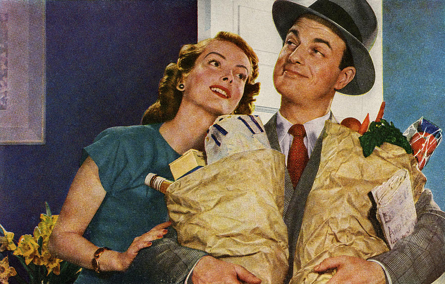 Happy Couple Holding Groceries Digital Art by Graphicaartis Happy Couple Holding Groceries Digital Art by Graphicaartis