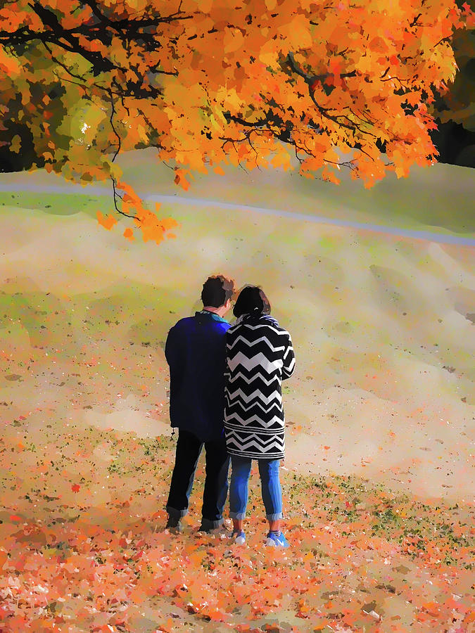 Happy couple in autumn park Painting by Jeelan Clark