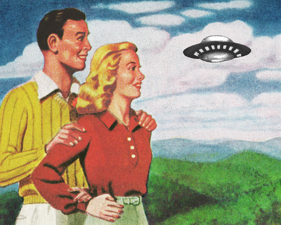 Science Fiction Drawing - Happy Couple Watching a UFO by CSA Images