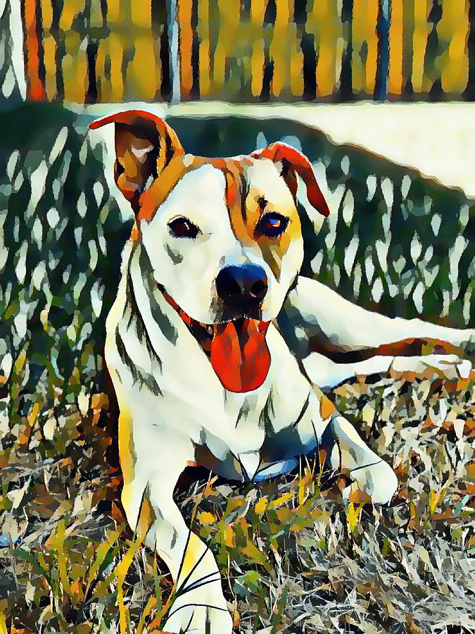 Happy Dog laying on the ground Painting by Jeelan Clark