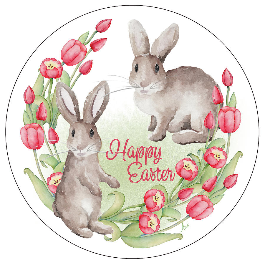 Easter Mixed Media - Happy Easter Bunnies (circle) by Andi Metz
