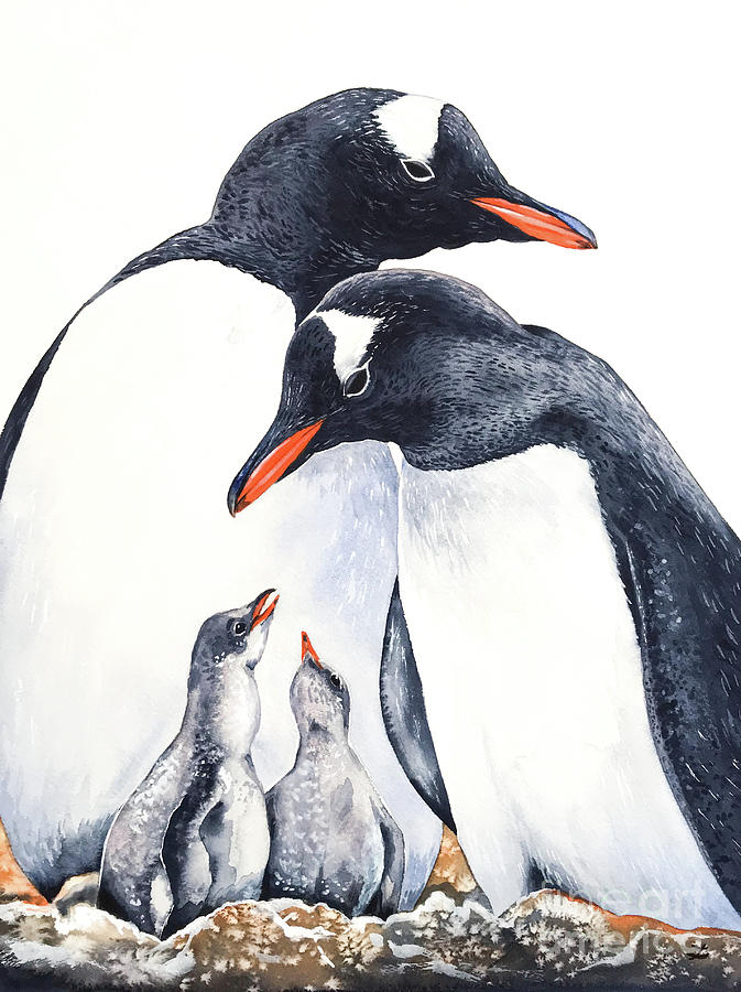 Gentoo Penguins Painting - Happy Gentoo Family by Zaira Dzhaubaeva