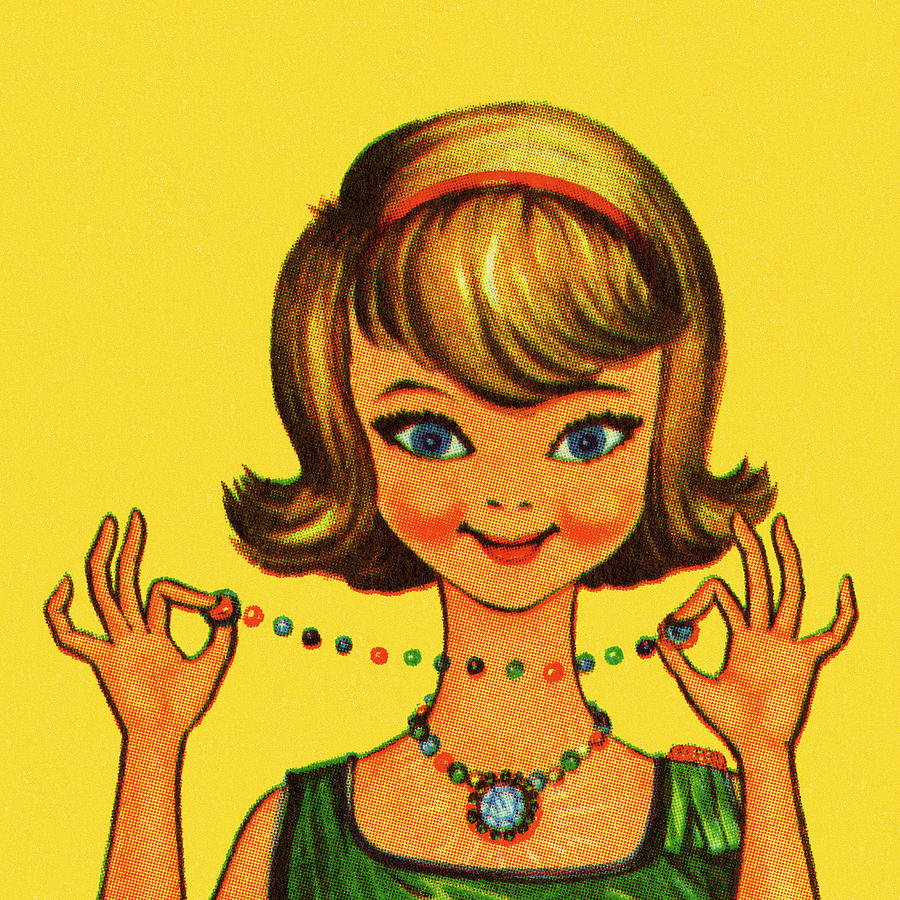 Vintage Drawing - Happy Girl Holding a Necklace by CSA Images