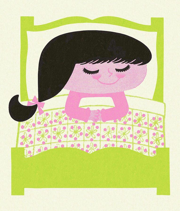 Vintage Drawing - Happy Girl Sleeping in Bed by CSA Images