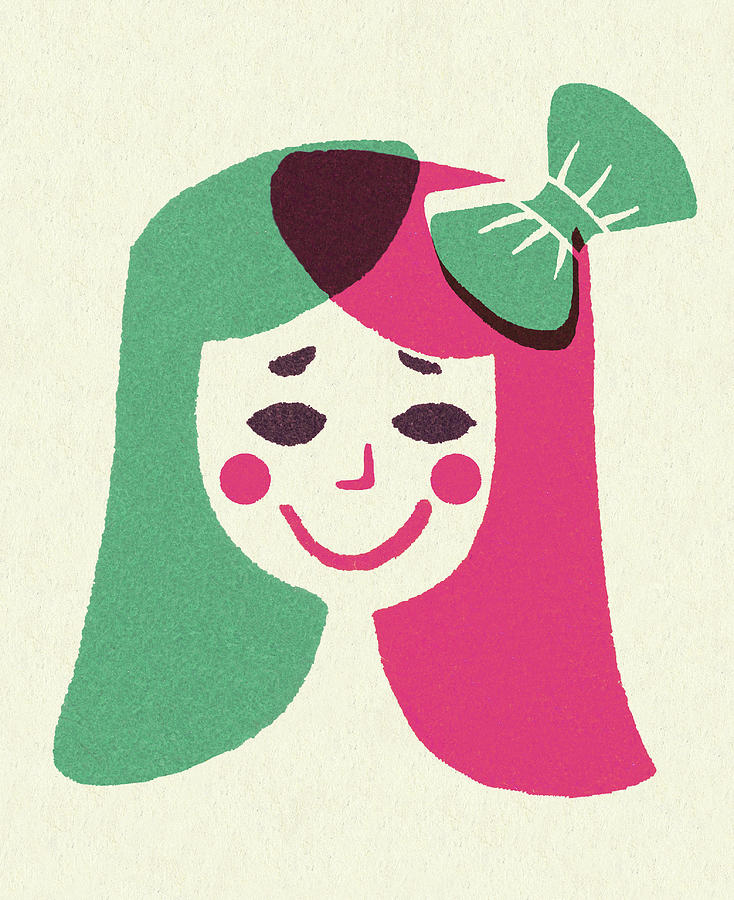 Vintage Drawing - Happy Girl with Bow in Hair by CSA Images