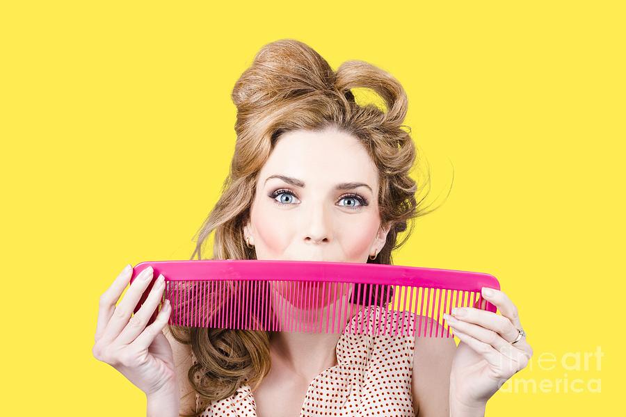 Happy hairstyle Pinup woman smiling with hair comb Photograph by Jorgo Photography