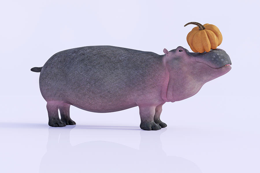 Hippopotamus Digital Art - Happy Hippo and Pumpkin by Betsy Knapp
