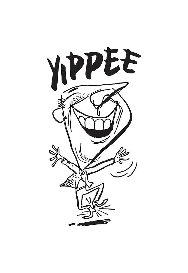 Black And White Drawing - Happy Man Clicking Heels and Saying Yippee by CSA Images