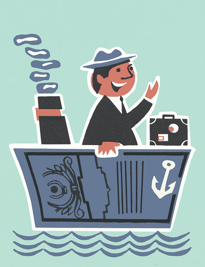 Transportation Drawing - Happy Man in a Boat by CSA Images