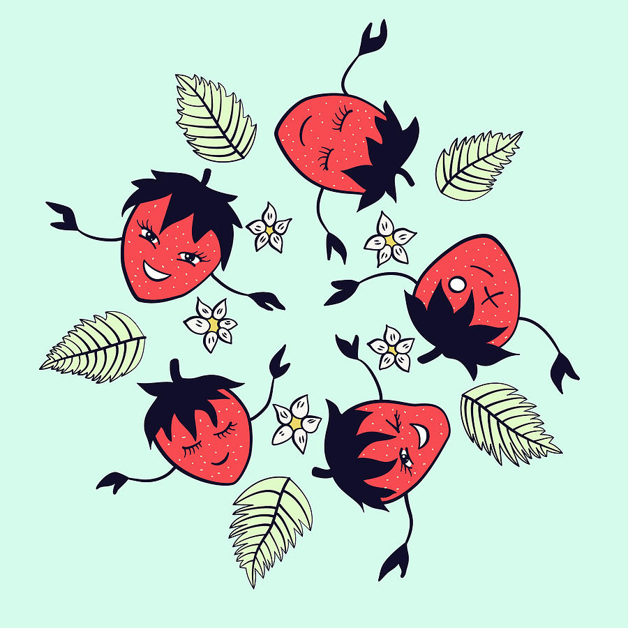 Happy strawberry characters fun cartoon Digital Art by Boriana Giormova