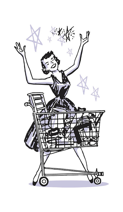 Vintage Drawing - Happy Woman Grocery Shopping by CSA Images