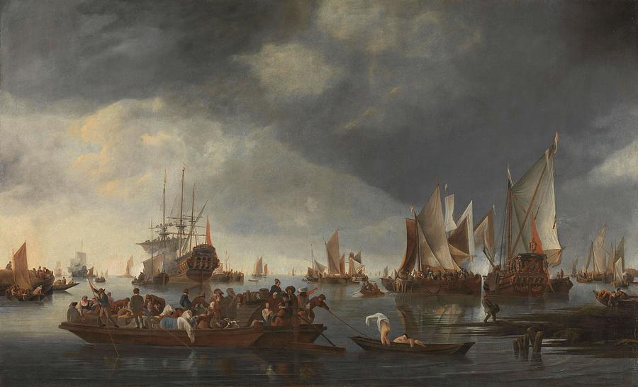Harbor with Sailboats and Ferry Boat. Painting by Hendrick Jacobsz Dubbels