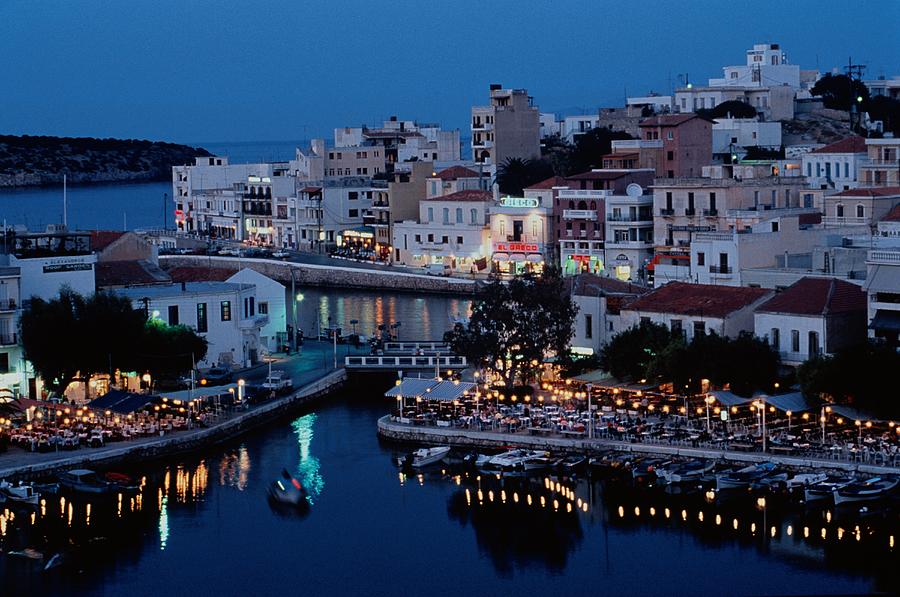 Harbour City At Night, Crete, Greece Photograph by Aldo Acquadro