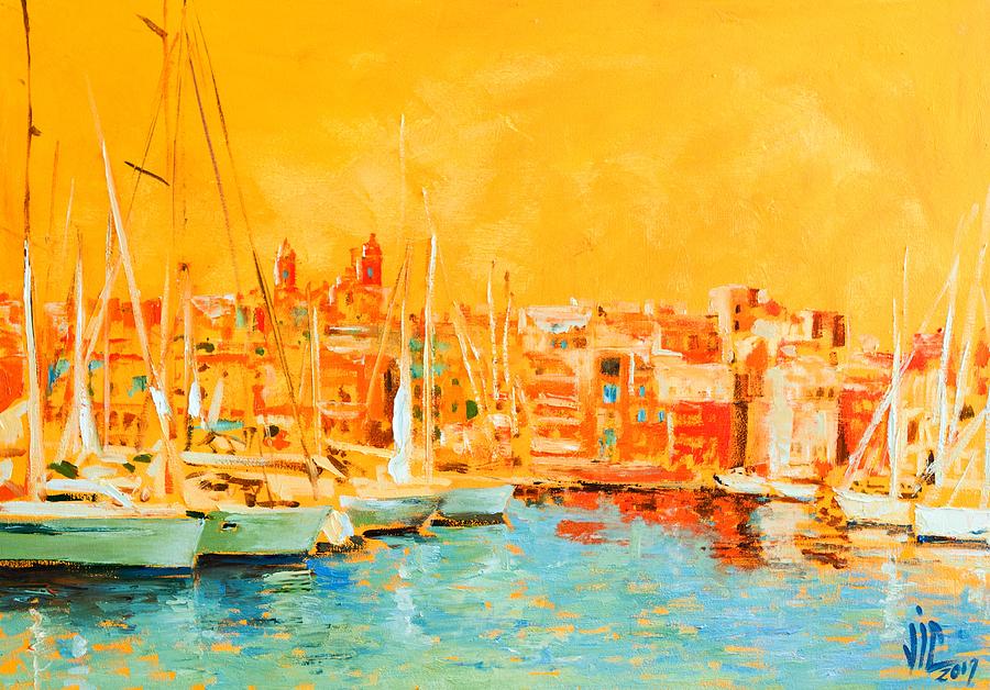 Harbour Malta Colorfull Oil on canvas painting by Vali Irina Ciobanu Painting by Vali Irina Ciobanu