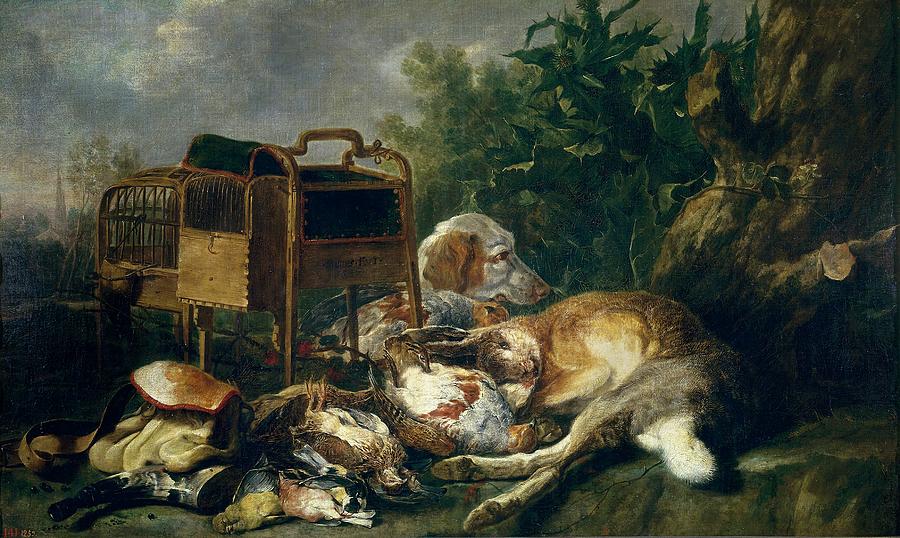 Hare Game-Birds and a Hunting Dog, 1649, Flemish School, Oil on canvas, 72 cm x 121 c... Painting by Jan Fyt -1611-1661-