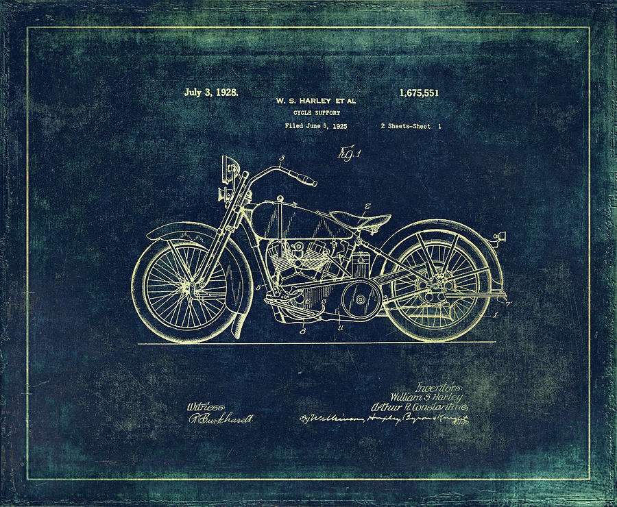 Harley - Davidson Motorcycle Patent Drawing In Blue Photograph by Maria Angelica Maira