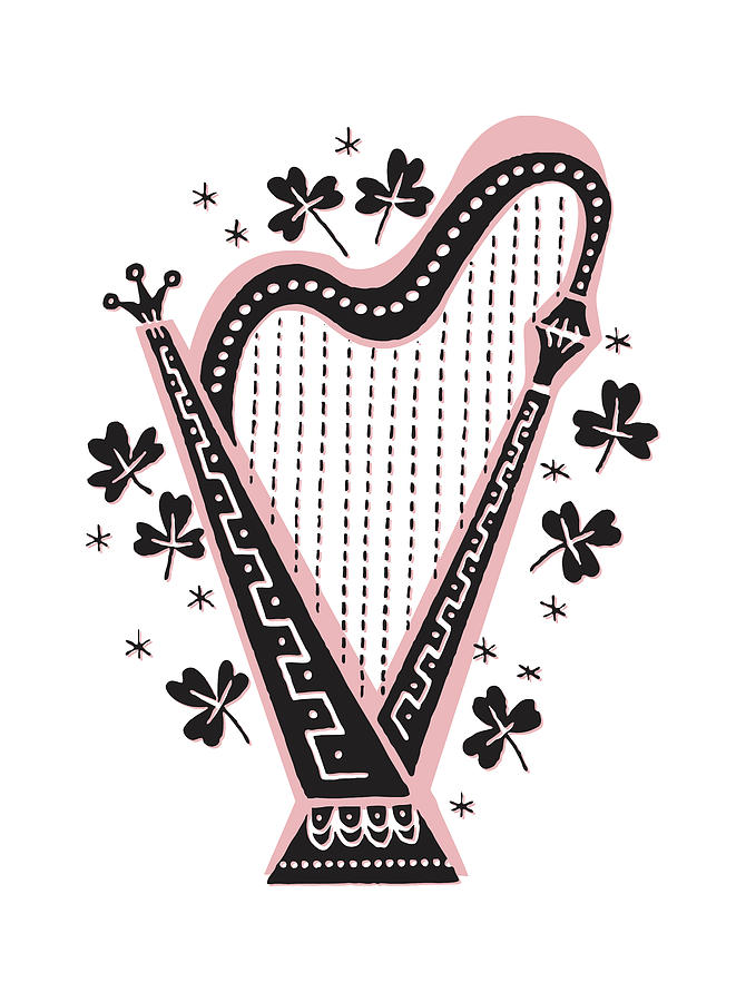 Music Drawing - Harp with Clovers by CSA Images