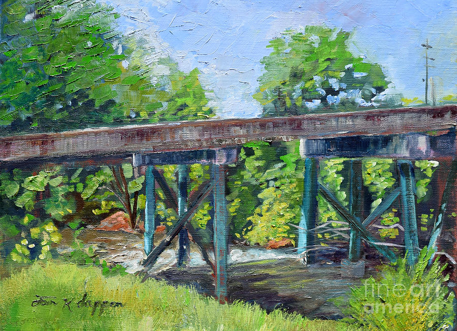 Harrison Park Bridge-Ellijay River - Sun Peeking Under Painting by Jan Dappen