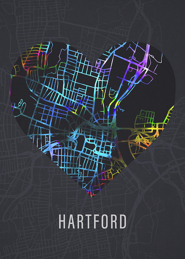 Hartford Mixed Media - Hartford Connecticut City Heart Street Map Love Dark Mode by Design Turnpike