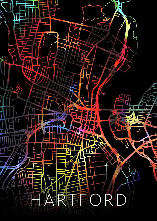 Hartford Mixed Media - Hartford Connecticut Watercolor City Street Map Dark Mode by Design Turnpike