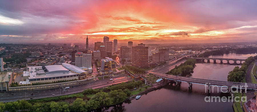 Hartford CT Downtown Sunset Aerial Panorama Photograph by Mike Gearin