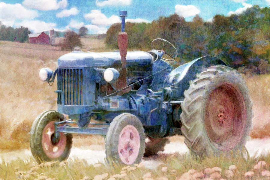 Farm Painting - Harvest Time Blue Tractor by Katrina Jones